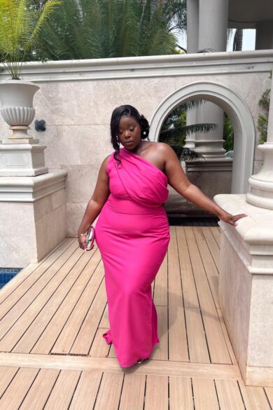FUSCHIA ONE-SHOULDER DRAPED MAXI