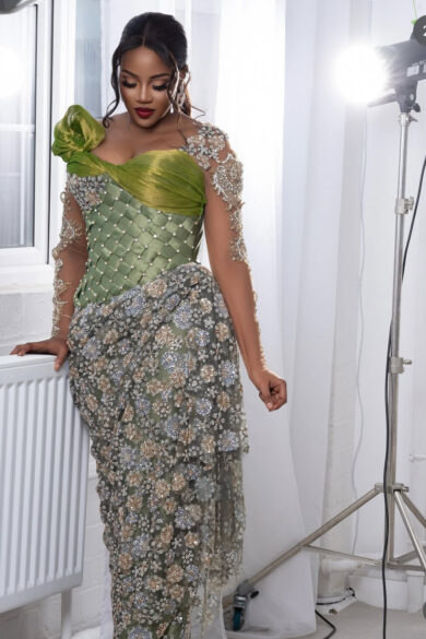 SAGE AND SILVER CORSETED GOWN