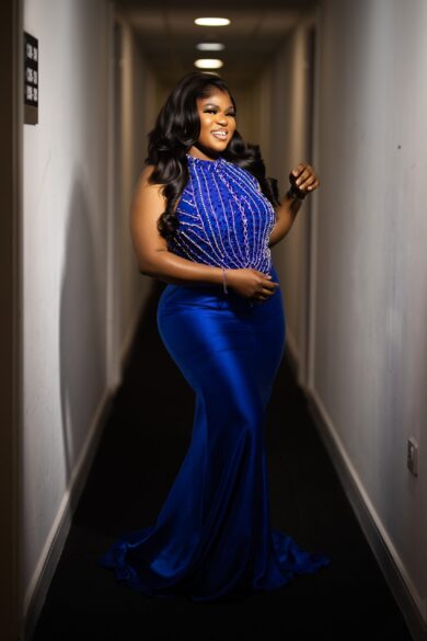 SAPPHIRE EMBELLISHED HALTER GOWN