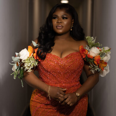 BURNT ORANGE CRYSTAL FLORAL GOWN
