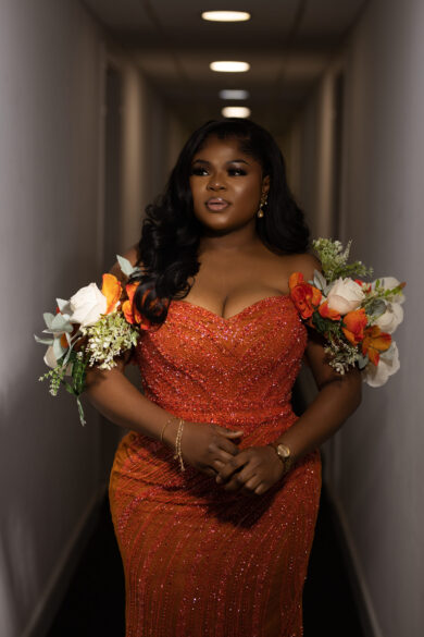 BURNT ORANGE CRYSTAL FLORAL GOWN