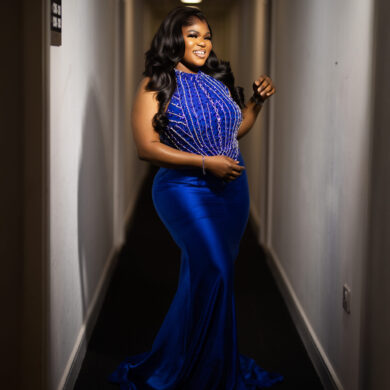 SAPPHIRE EMBELLISHED HALTER GOWN