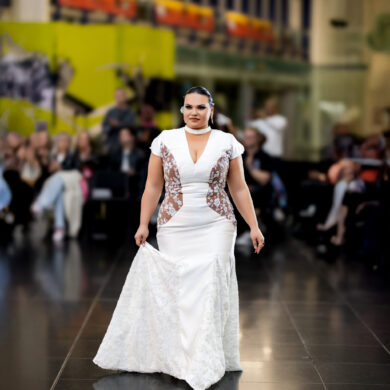 LACE-PANELLED V-NECK GOWN