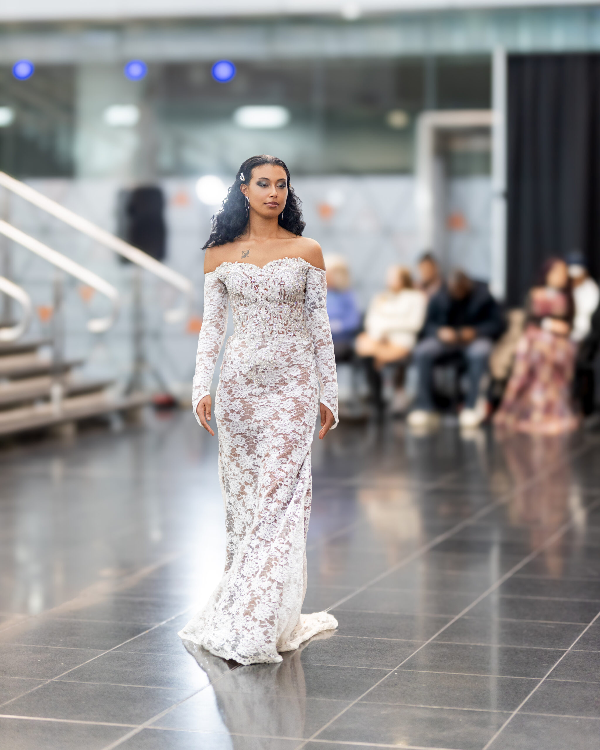 OFF-THE-SHOULDER FLORAL LACE GOWN