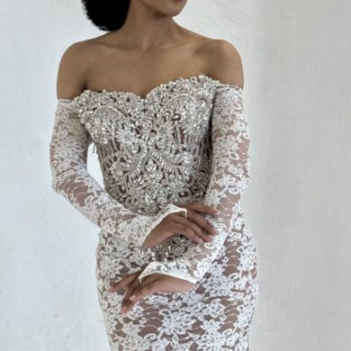 OFF-THE-SHOULDER FLORAL LACE GOWN