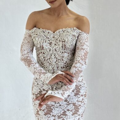 OFF-THE-SHOULDER FLORAL LACE GOWN