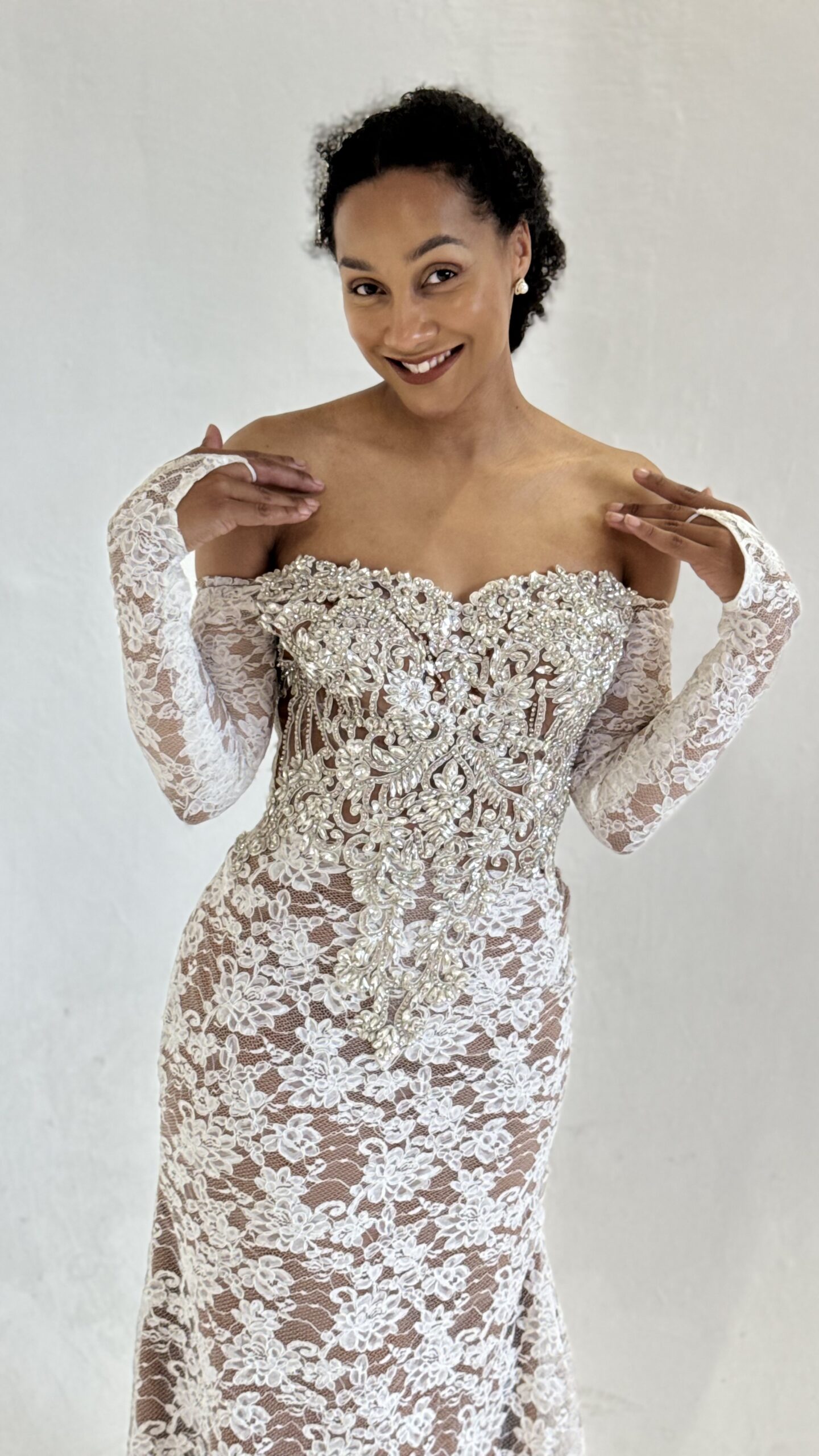 OFF-THE-SHOULDER FLORAL LACE GOWN