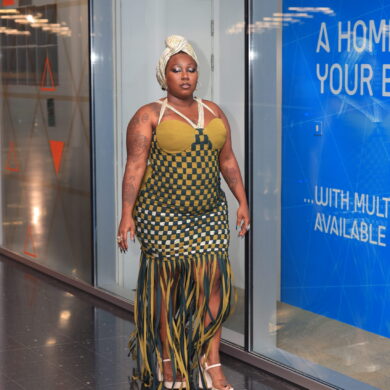 OLIVE CHECKERED WEAVE FRINGE DRESS