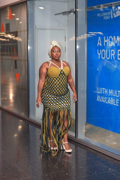 OLIVE CHECKERED WEAVE FRINGE DRESS