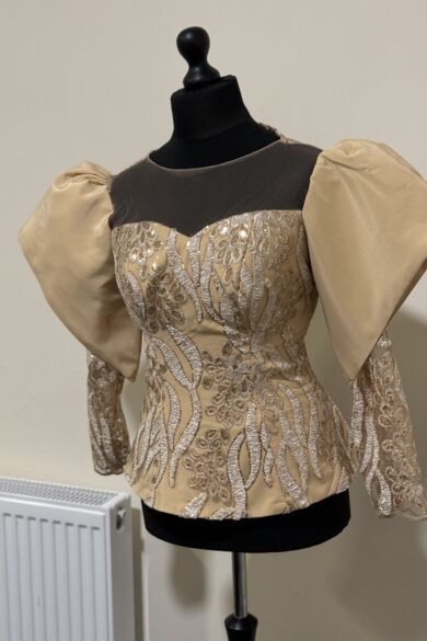 GOLD PUFF-SLEEVE EMBROIDERED BLOUSE