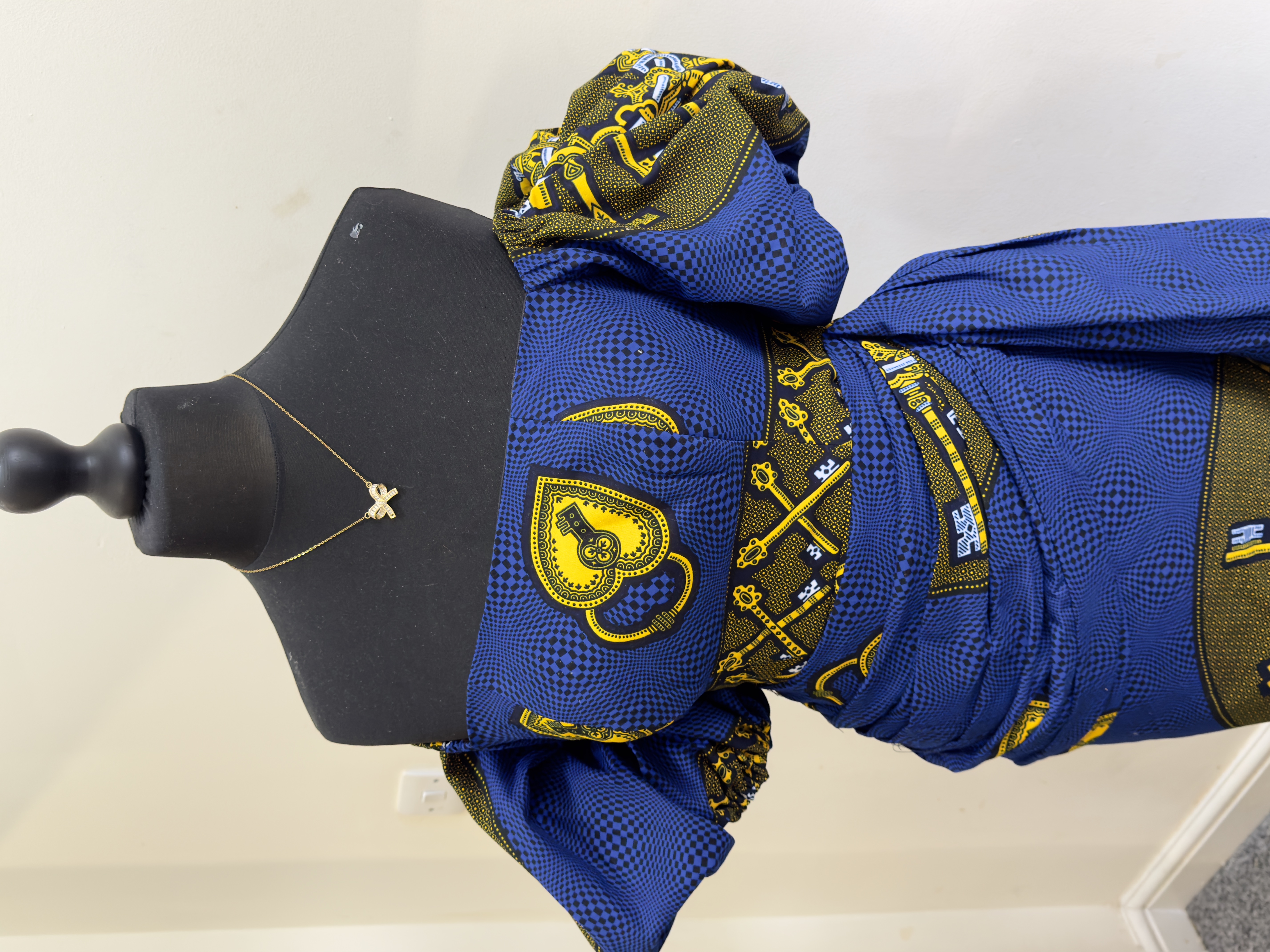 OFF-THE-SHOULDER ROYAL BLUE KEY PRINT GOWN