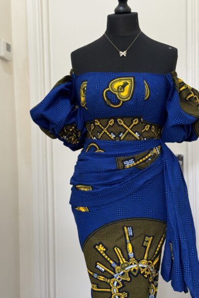 OFF-THE-SHOULDER ROYAL BLUE KEY PRINT GOWN