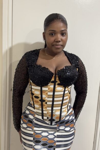 BLACK SEQUIN AND PATTERNED CORSET GOWN