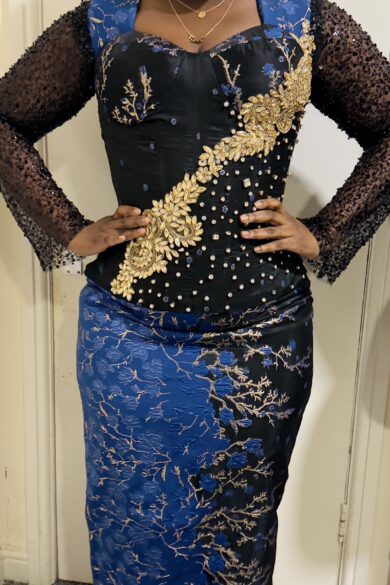 BLUE AND BLACK FLORAL EMBELLISHED SKIRT AND BLOUSE