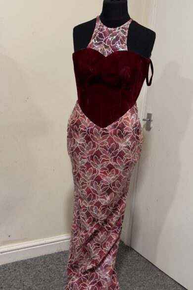 HALTER NECK VELVET AND FLORAL GOWN