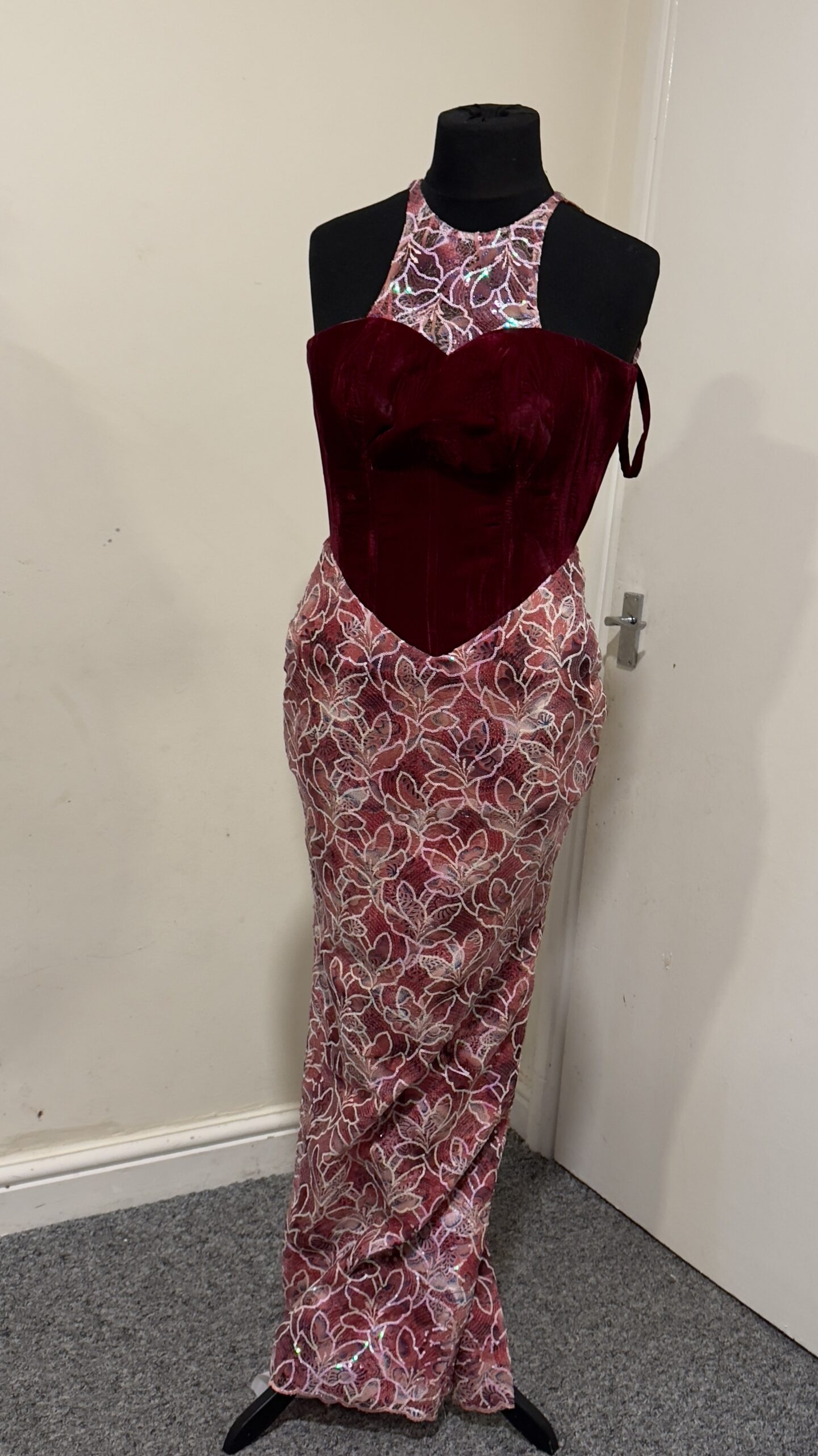 HALTER NECK VELVET AND FLORAL GOWN