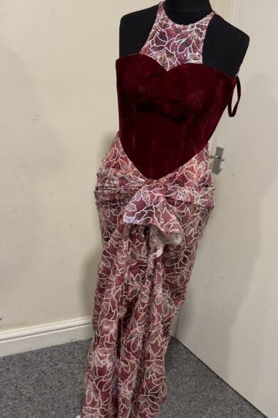 HALTER NECK VELVET AND FLORAL GOWN