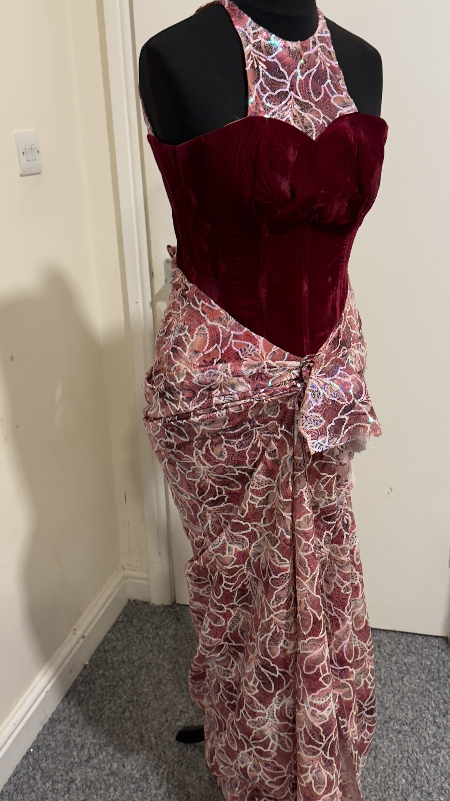 HALTER NECK VELVET AND FLORAL GOWN